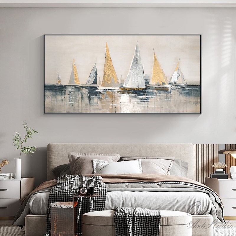 Gold and Silver Sailboats Canvas Wall Art, Large Abstract Sailboat Oil Painting on Canvas, Original Modern Nautical Wall Art for Living Room