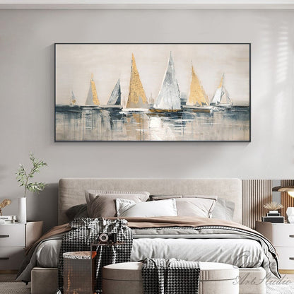 Gold and Silver Sailboats Canvas Wall Art, Large Abstract Sailboat Oil Painting on Canvas, Original Modern Nautical Wall Art for Living Room
