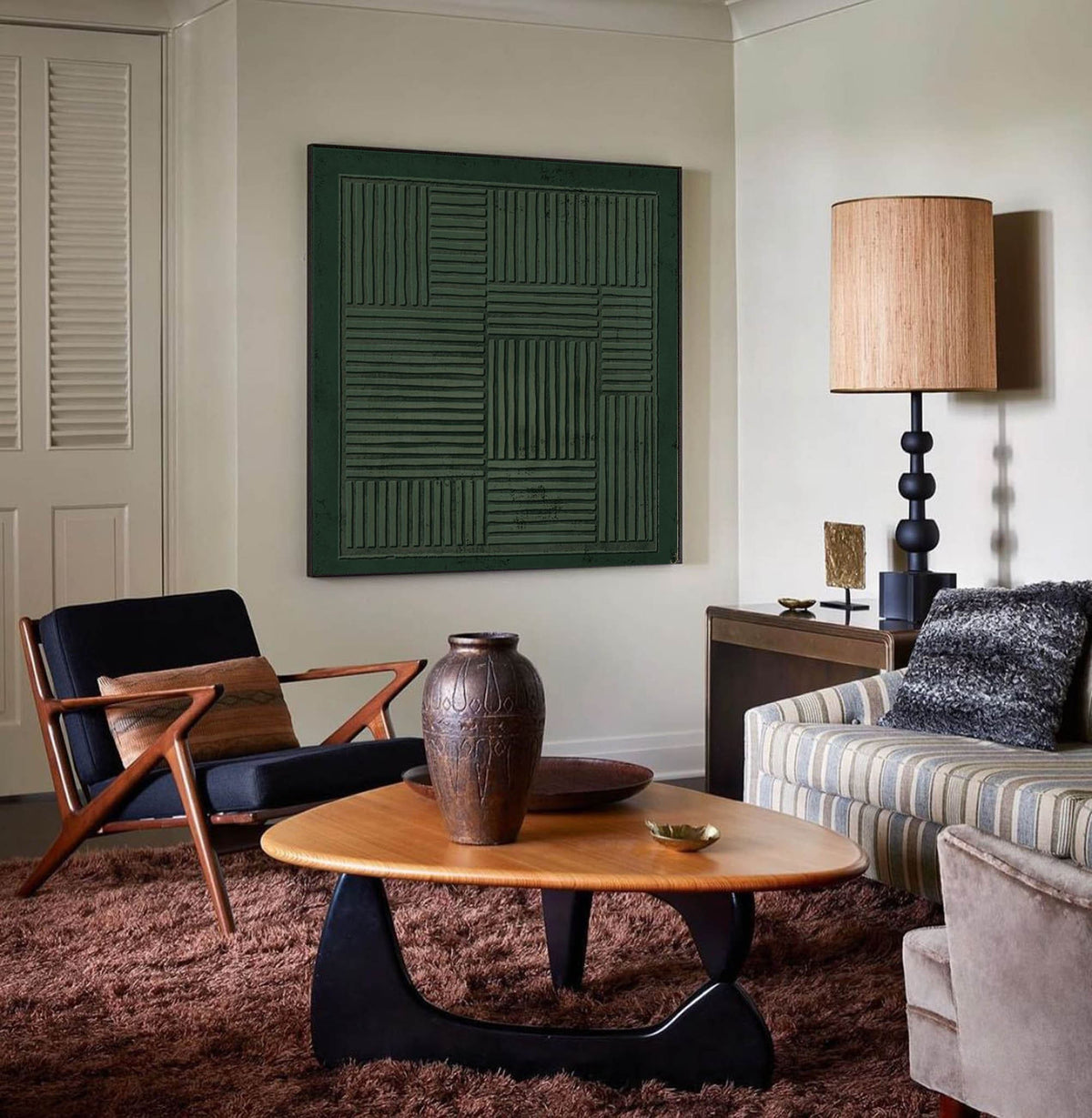 Dark Green Geometric Wall Art Textured Line Canvas Painting for Living Room