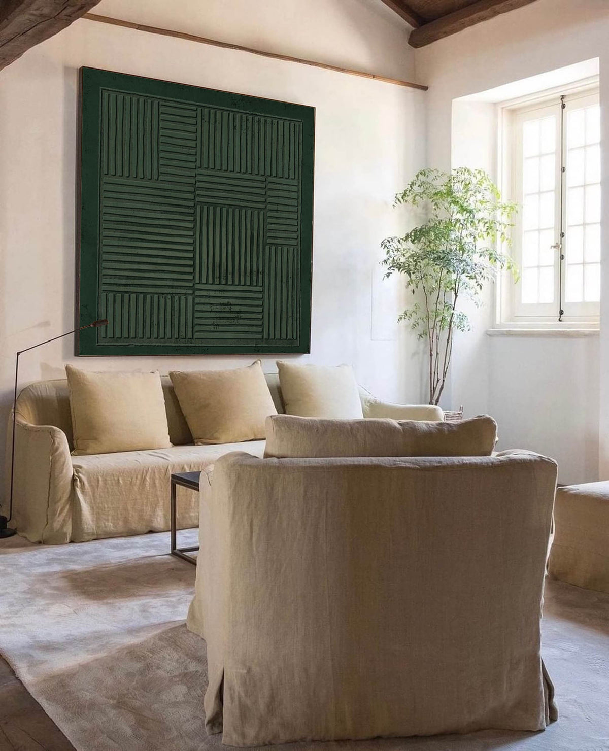 Dark Green Geometric Wall Art Textured Line Canvas Painting for Living Room