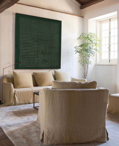 Dark Green Geometric Wall Art Textured Line Canvas Painting for Living Room