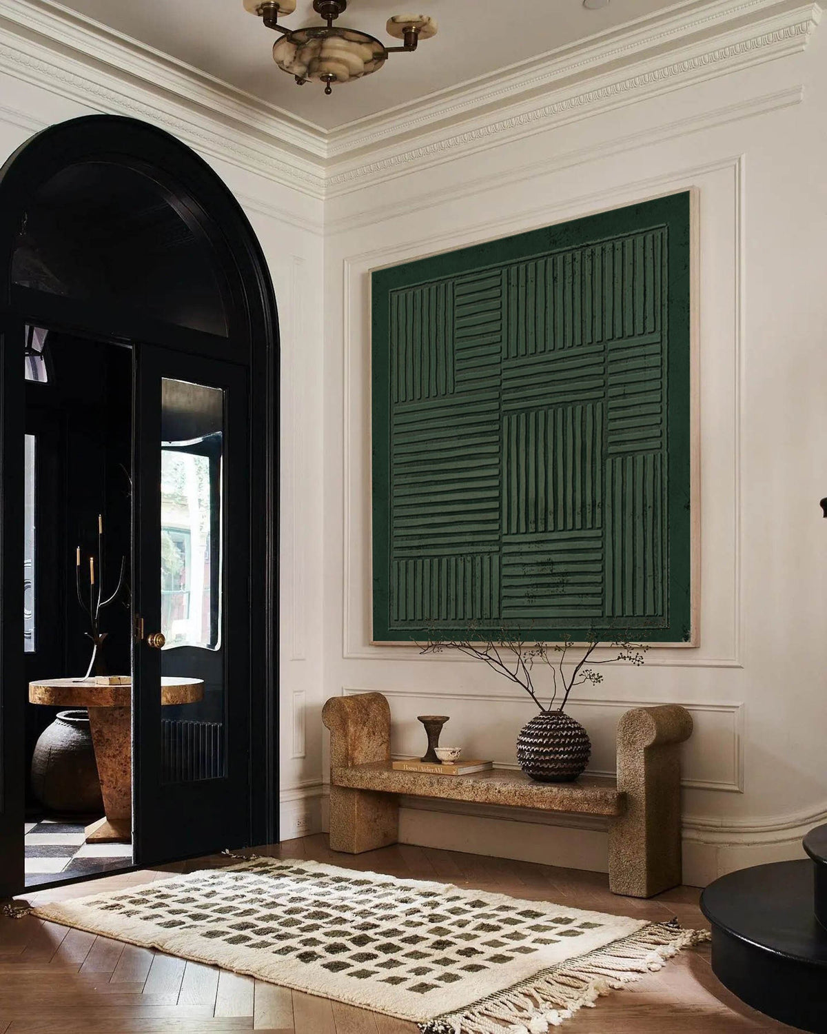 Dark Green Geometric Wall Art Textured Line Canvas Painting for Living Room