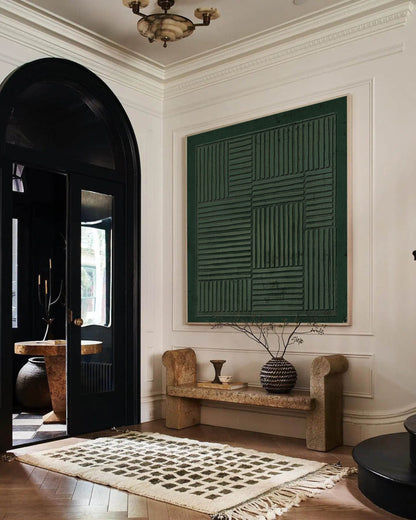 Dark Green Geometric Wall Art Textured Line Canvas Painting for Living Room