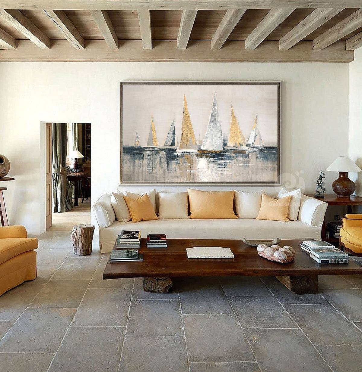 Gold and Silver Sailboats Canvas Wall Art, Large Abstract Sailboat Oil Painting on Canvas, Original Modern Nautical Wall Art for Living Room