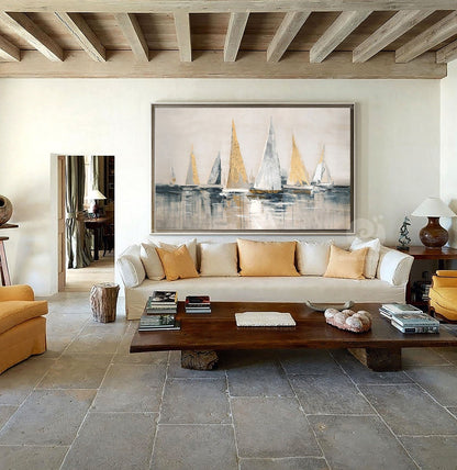 Gold and Silver Sailboats Canvas Wall Art, Large Abstract Sailboat Oil Painting on Canvas, Original Modern Nautical Wall Art for Living Room