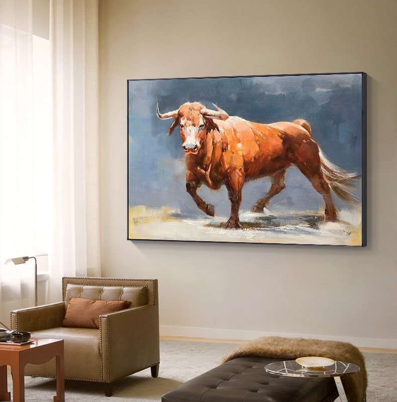Impressionist Bull Oil Painting on Canvas, Large Original Bull Canvas Wall Art,modern Hand-painted Animal Painting for Living Room Bedroom