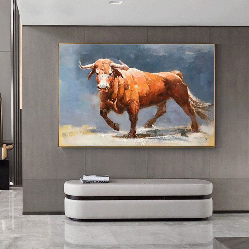 Impressionist Bull Oil Painting on Canvas, Large Original Bull Canvas Wall Art,modern Hand-painted Animal Painting for Living Room Bedroom