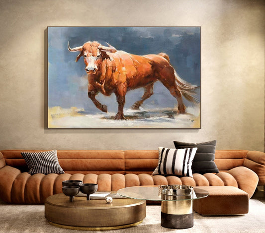 Impressionist Bull Oil Painting on Canvas, Large Original Bull Canvas Wall Art,modern Hand-painted Animal Painting for Living Room Bedroom