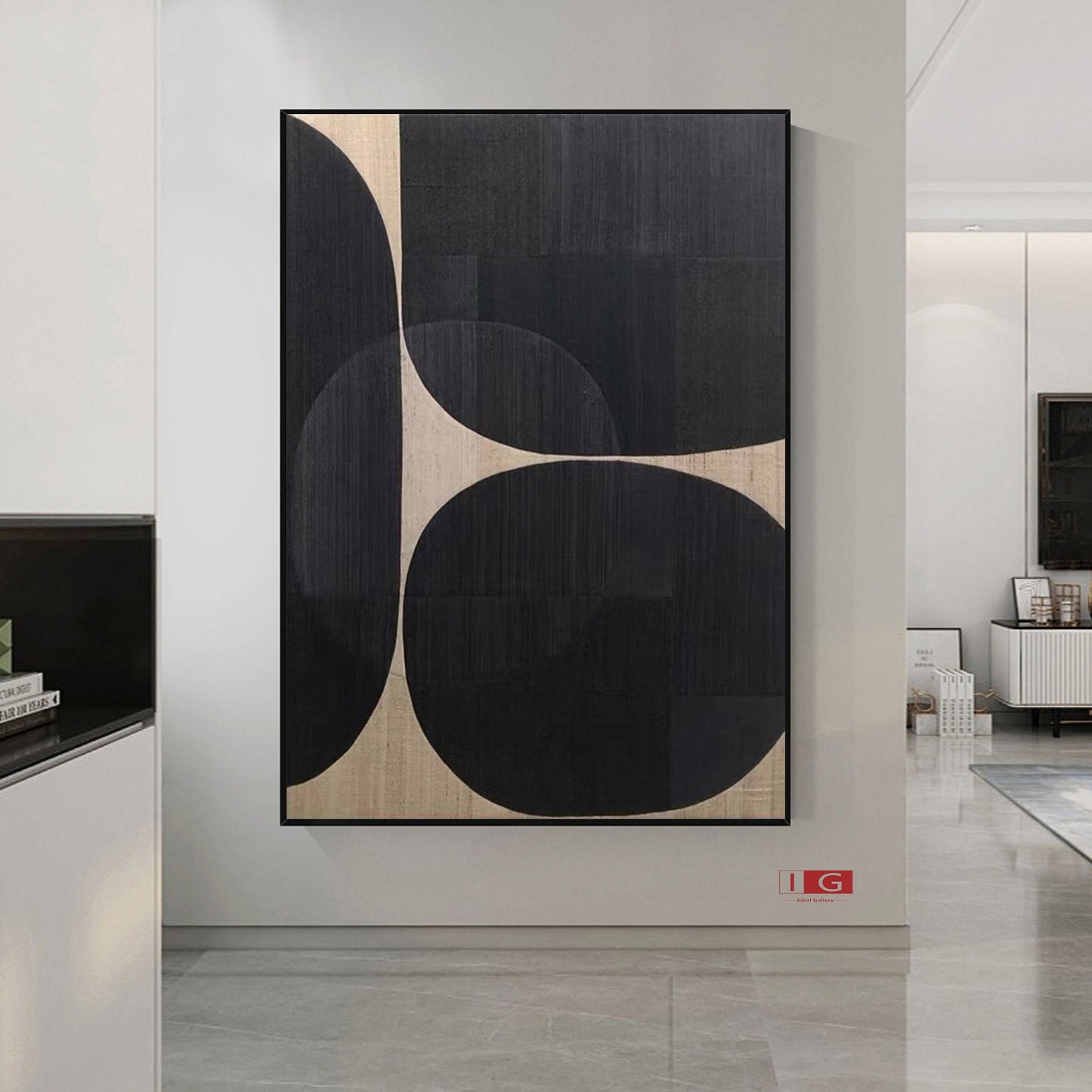 Black Abstract Painting on Canvas – Minimalist Wabi-Sabi Wall Art