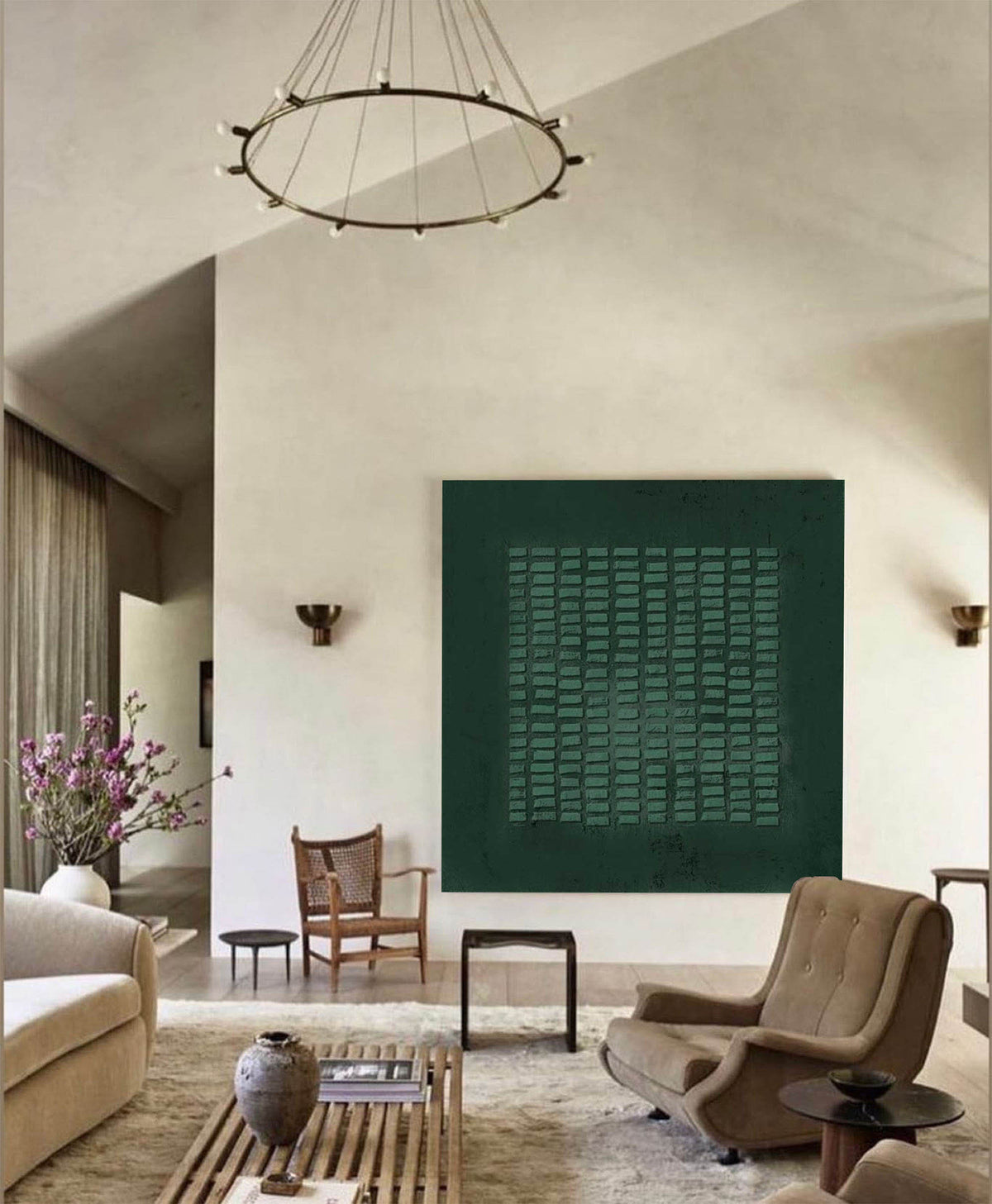 May include: A large square wall art piece featuring a deep forest green background with a central grid of raised, rectangular textured blocks in a lighter shade of green, creating a tactile, geometric pattern across the canvas surface.