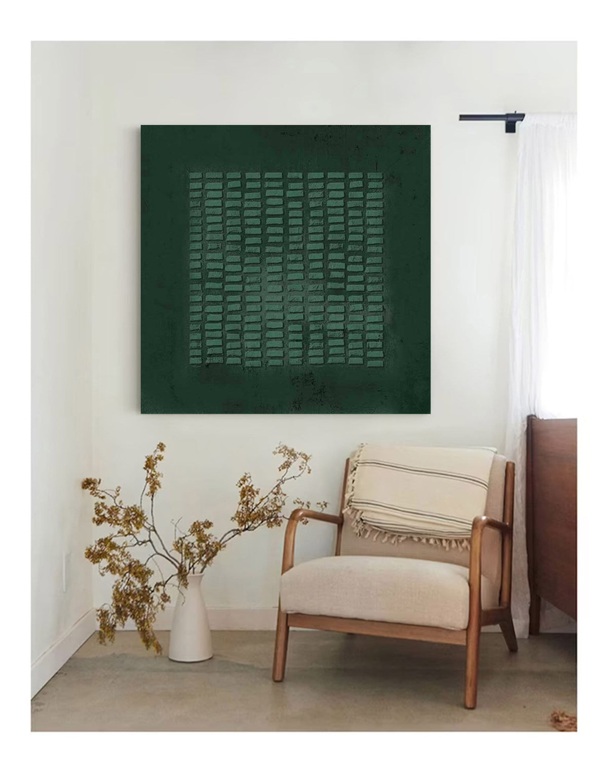 May include: A square wall art piece featuring a deep forest green background with a central grid of raised, rectangular textured blocks in a lighter shade of green. The artwork displays a monochromatic color palette and a tactile, layered surface.