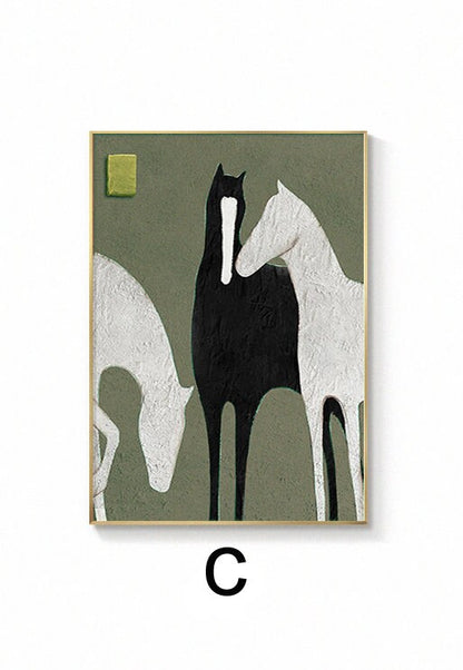 May include: Abstract painting of three horses in black, white, and green on a green background. The horses are stylized and simplified, with a focus on their shapes and forms.