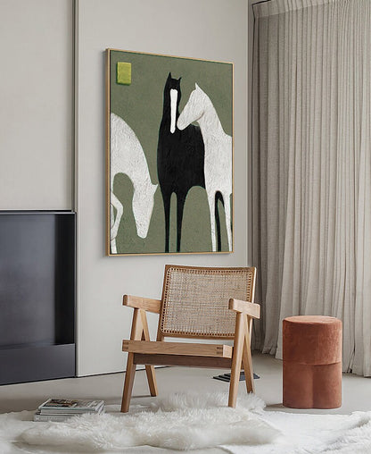 May include: A painting of three horses on a green background. The horses are stylized and simplified, with two white horses and one black horse. The black horse is in the center of the painting, with the white horses on either side.
