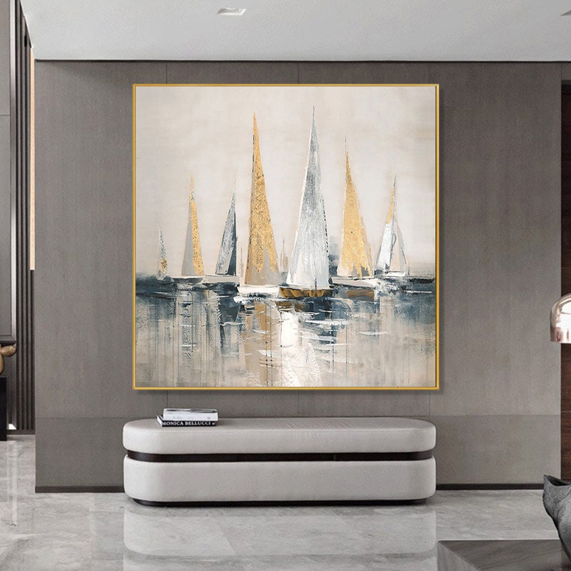 Gold and Silver Sailboats Canvas Wall Art, Large Abstract Seascape Oil Painting on Canvas, Original Modern Nautical Wall Art for Living Room