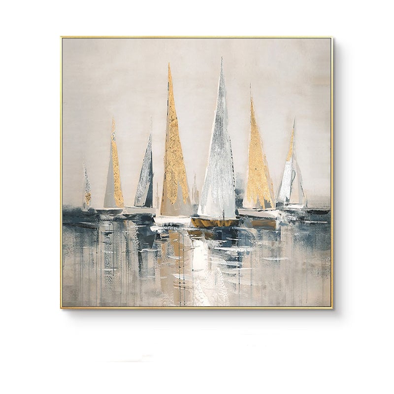 Gold and Silver Sailboats Canvas Wall Art, Large Abstract Seascape Oil Painting on Canvas, Original Modern Nautical Wall Art for Living Room