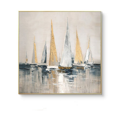 Gold and Silver Sailboats Canvas Wall Art, Large Abstract Seascape Oil Painting on Canvas, Original Modern Nautical Wall Art for Living Room