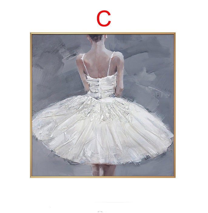 May include: A painting of a ballerina wearing a white tutu, standing with her back to the viewer. The background is a light gray color.