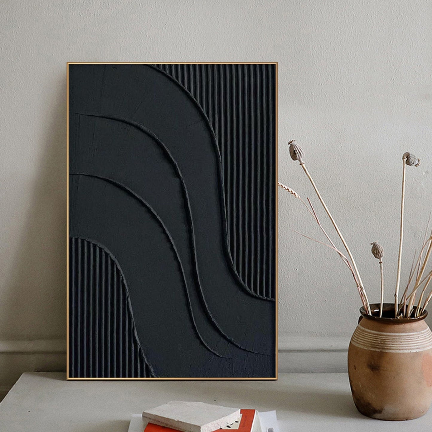 Black Textured Abstract Painting – Framed 3D Wall Decor