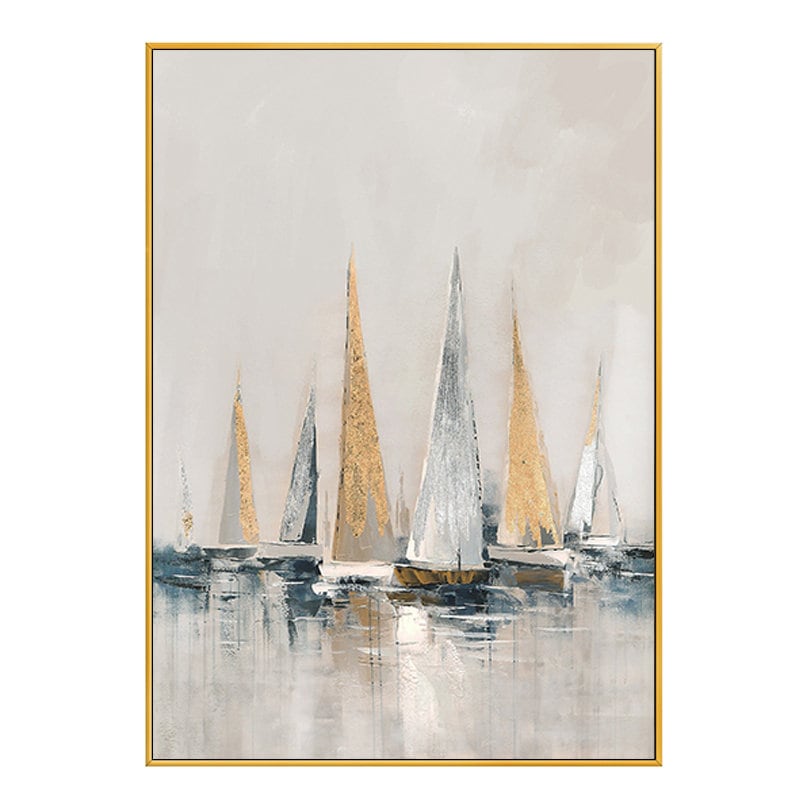 Gold and Silver Sailboats Canvas Wall Art, Large Abstract Seascape Oil Painting on Canvas, Original Modern Nautical Wall Art for Living Room
