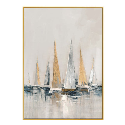 Gold and Silver Sailboats Canvas Wall Art, Large Abstract Seascape Oil Painting on Canvas, Original Modern Nautical Wall Art for Living Room