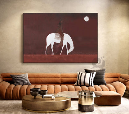 Abstract Horse Riding Oil Painting on Canvas, Original White Horse at Moonlit Night Canvas Wall Art, Modern Cowboy Wall Art for Living Room