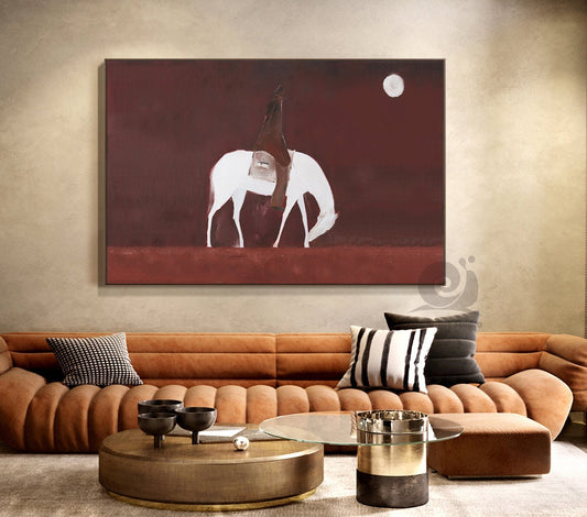 Abstract Horse Riding Oil Painting on Canvas, Original White Horse at Moonlit Night Canvas Wall Art, Modern Cowboy Wall Art for Living Room