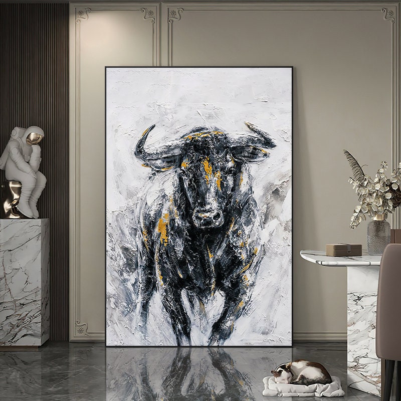 Abstract Bull Oil Painting on Canvas, Large Original Bull Canvas Wall Art, Modern Hand-painted Animal Painting for Living Room,bedroom Decor