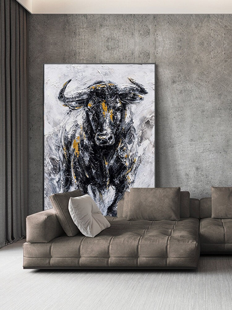 Abstract Bull Oil Painting on Canvas, Large Original Bull Canvas Wall Art, Modern Hand-painted Animal Painting for Living Room,bedroom Decor