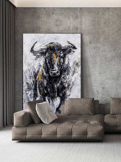Abstract Bull Oil Painting on Canvas, Large Original Bull Canvas Wall Art, Modern Hand-painted Animal Painting for Living Room,bedroom Decor