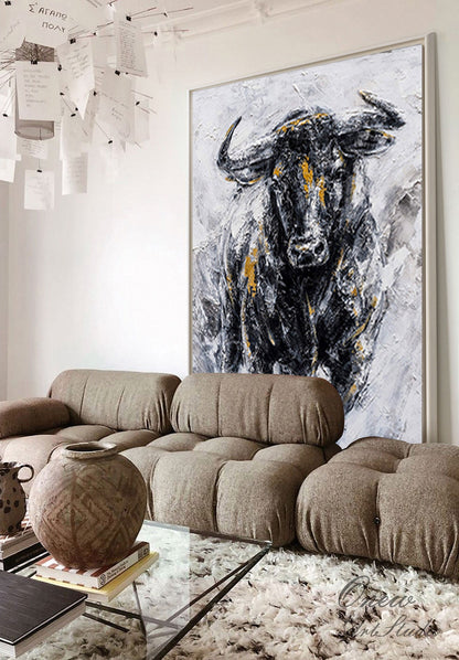 Abstract Bull Oil Painting on Canvas, Large Original Bull Canvas Wall Art, Modern Hand-painted Animal Painting for Living Room,bedroom Decor