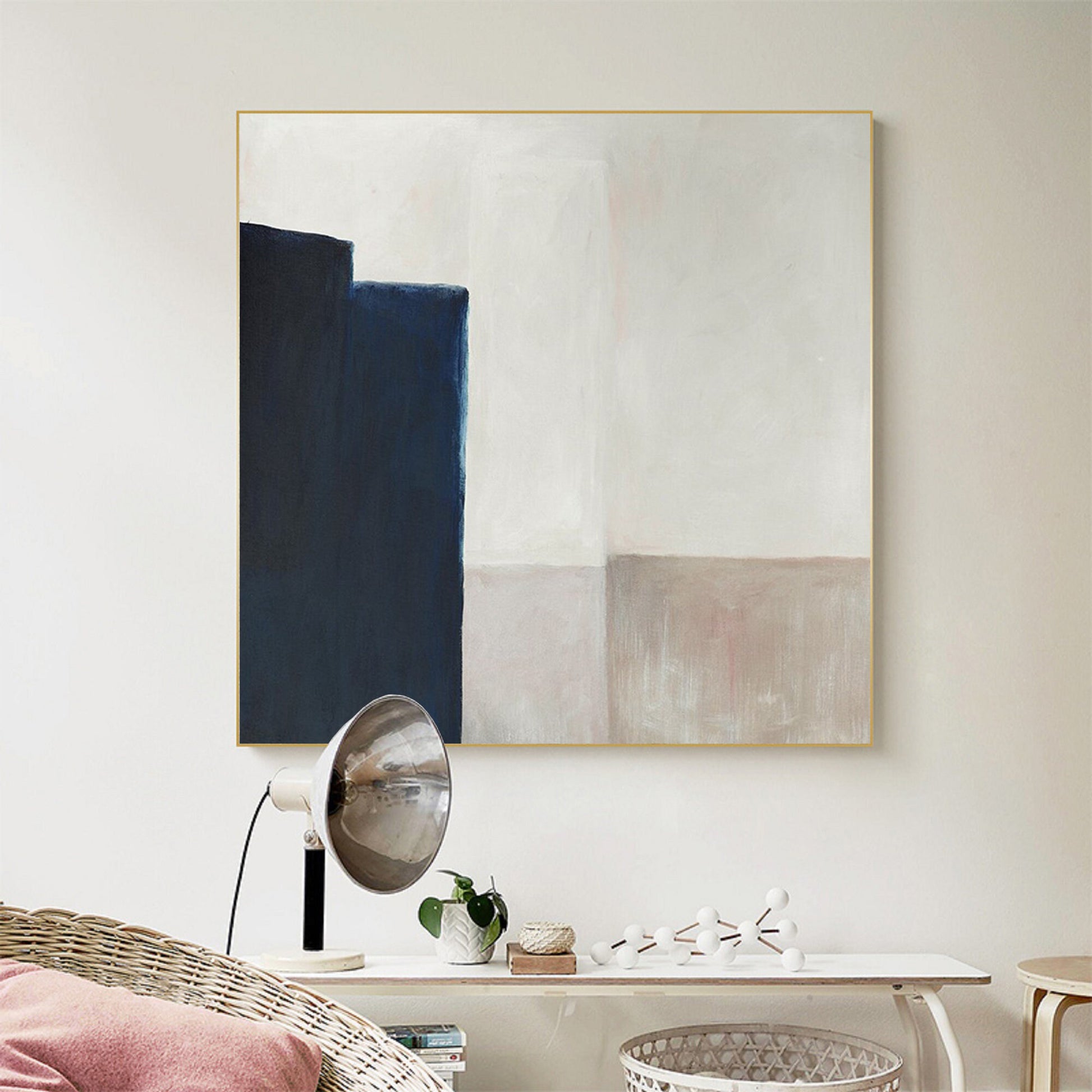 Minimalist Navy Blue Abstract Painting – Beige and Cream Geometric Wall Art