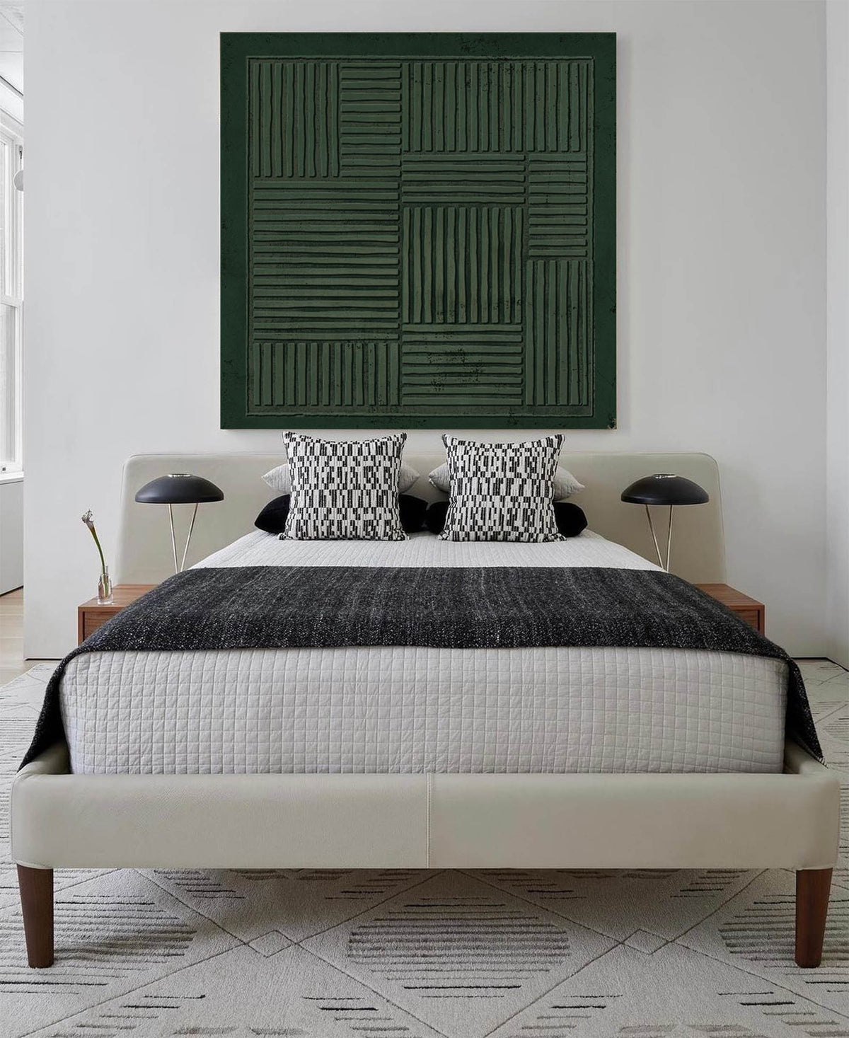 Dark Green Geometric Wall Art Textured Line Canvas Painting for Living Room