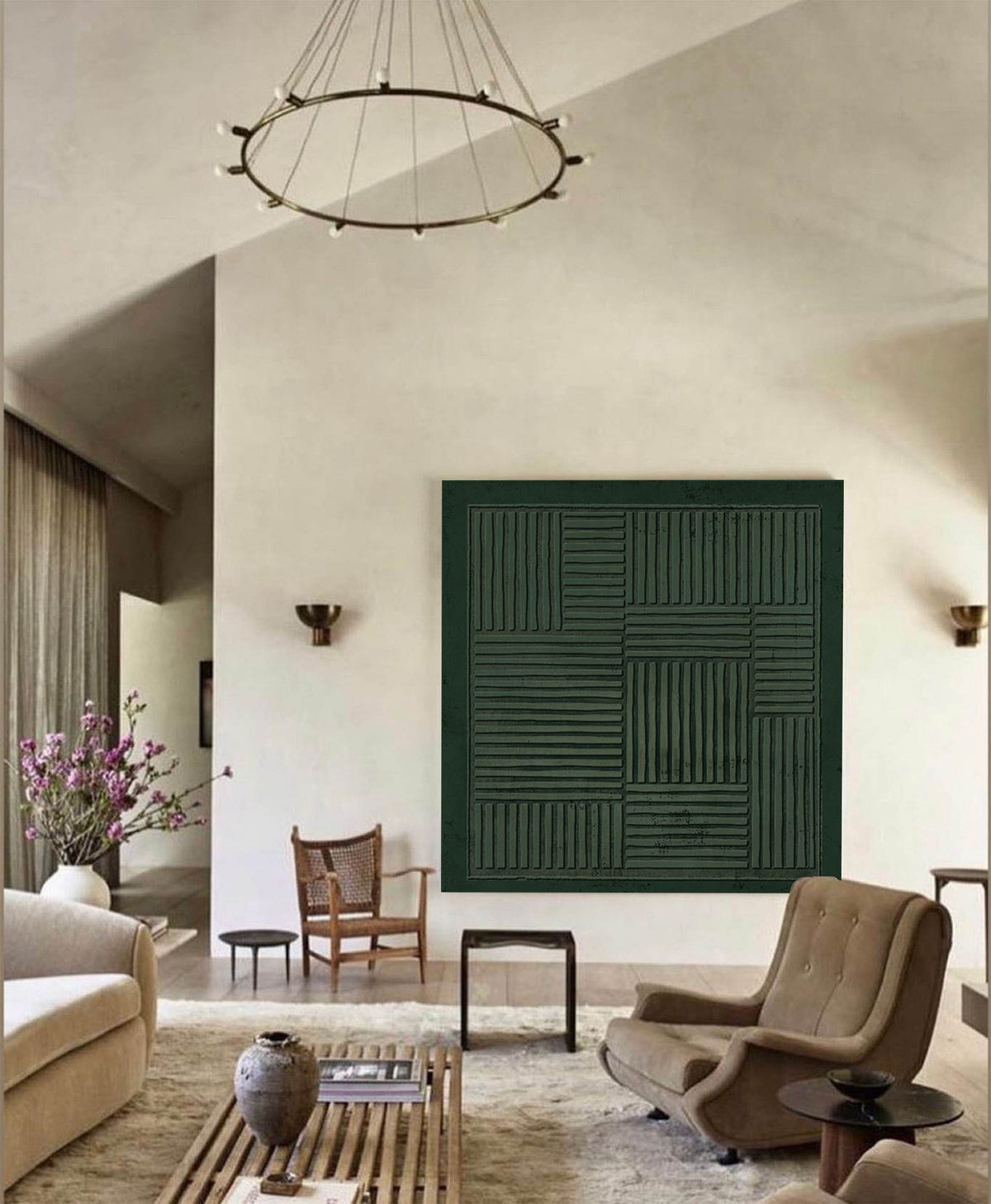 Dark Green Geometric Wall Art Textured Line Canvas Painting for Living Room