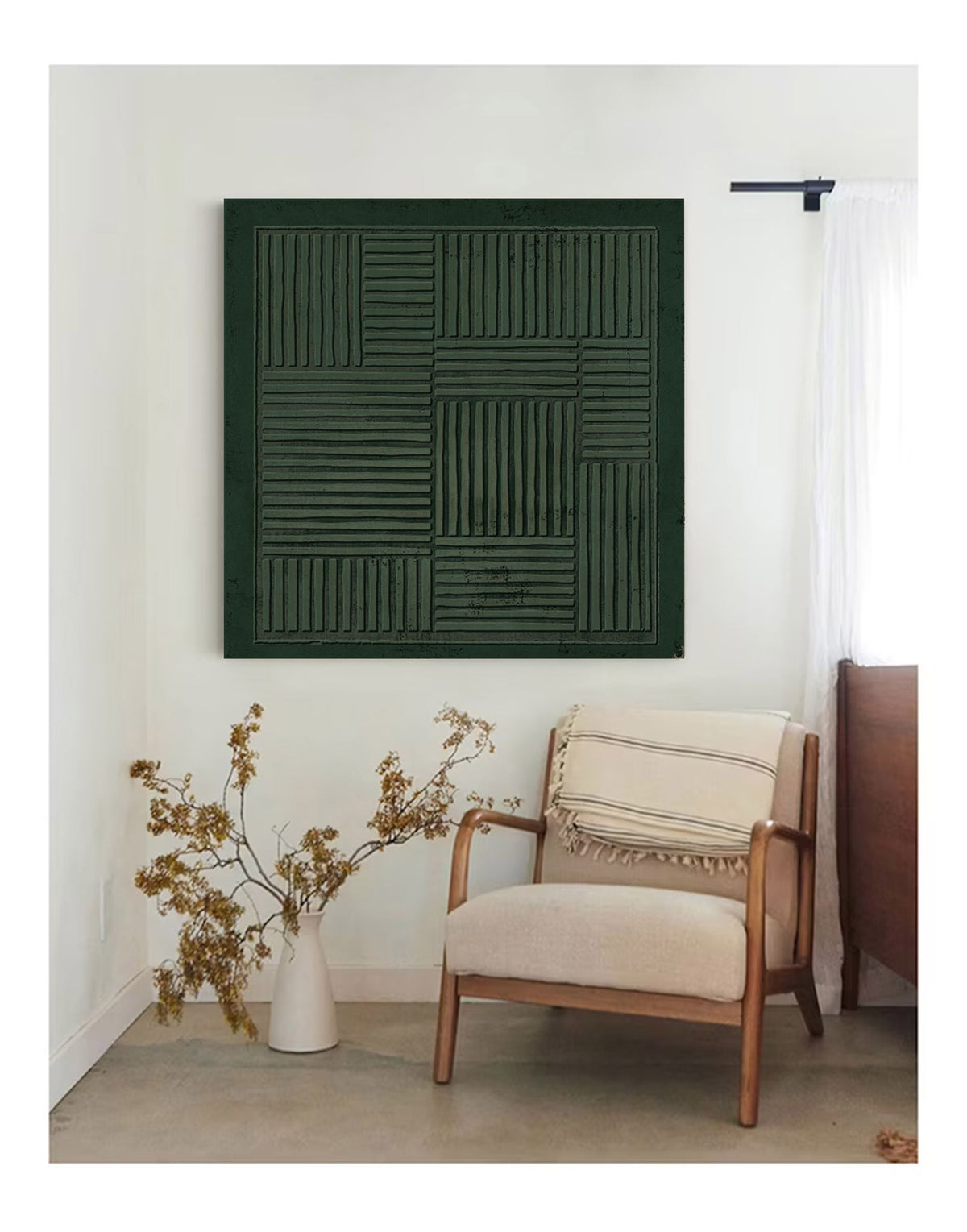 Dark Green Geometric Wall Art Textured Line Canvas Painting for Living Room