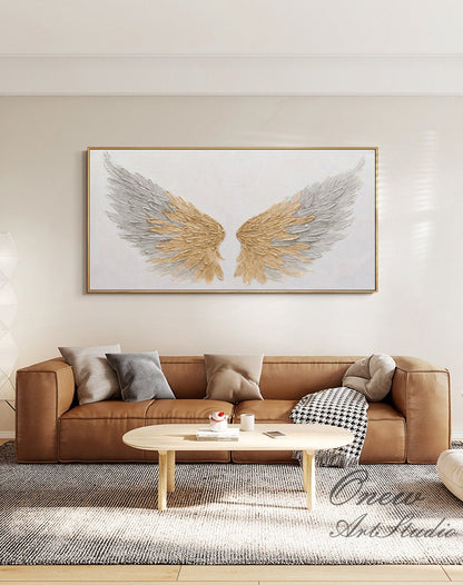 Abstract Angel Wing Oil Painting on Canvas, Original Grey and Gold Feather Canvas Wall Art, Modern Textured Wings Wall Art for Living Room
