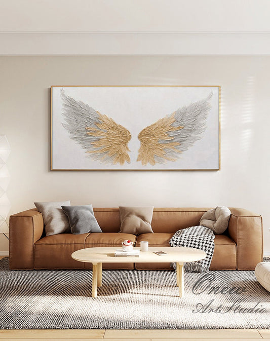 Abstract Angel Wing Oil Painting on Canvas, Original Grey and Gold Feather Canvas Wall Art, Modern Textured Wings Wall Art for Living Room