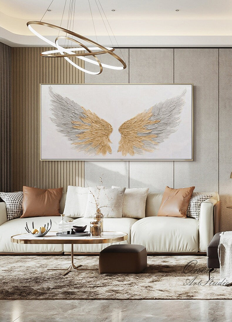 Abstract Angel Wing Oil Painting on Canvas, Original Grey and Gold Feather Canvas Wall Art, Modern Textured Wings Wall Art for Living Room
