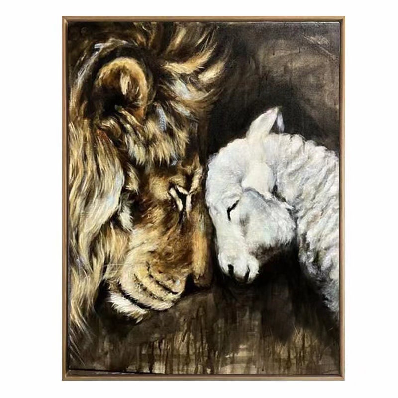 May include: A painting of a lion and a lamb resting their heads together. The lion is brown and has a long mane. The lamb is white and has a fluffy coat. The background is dark brown.