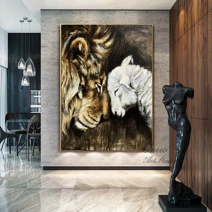 May include: A painting of a lion and a lamb sleeping together. The lion is brown and has a mane. The lamb is white and has a fluffy coat. The painting is on a canvas and has a dark background.