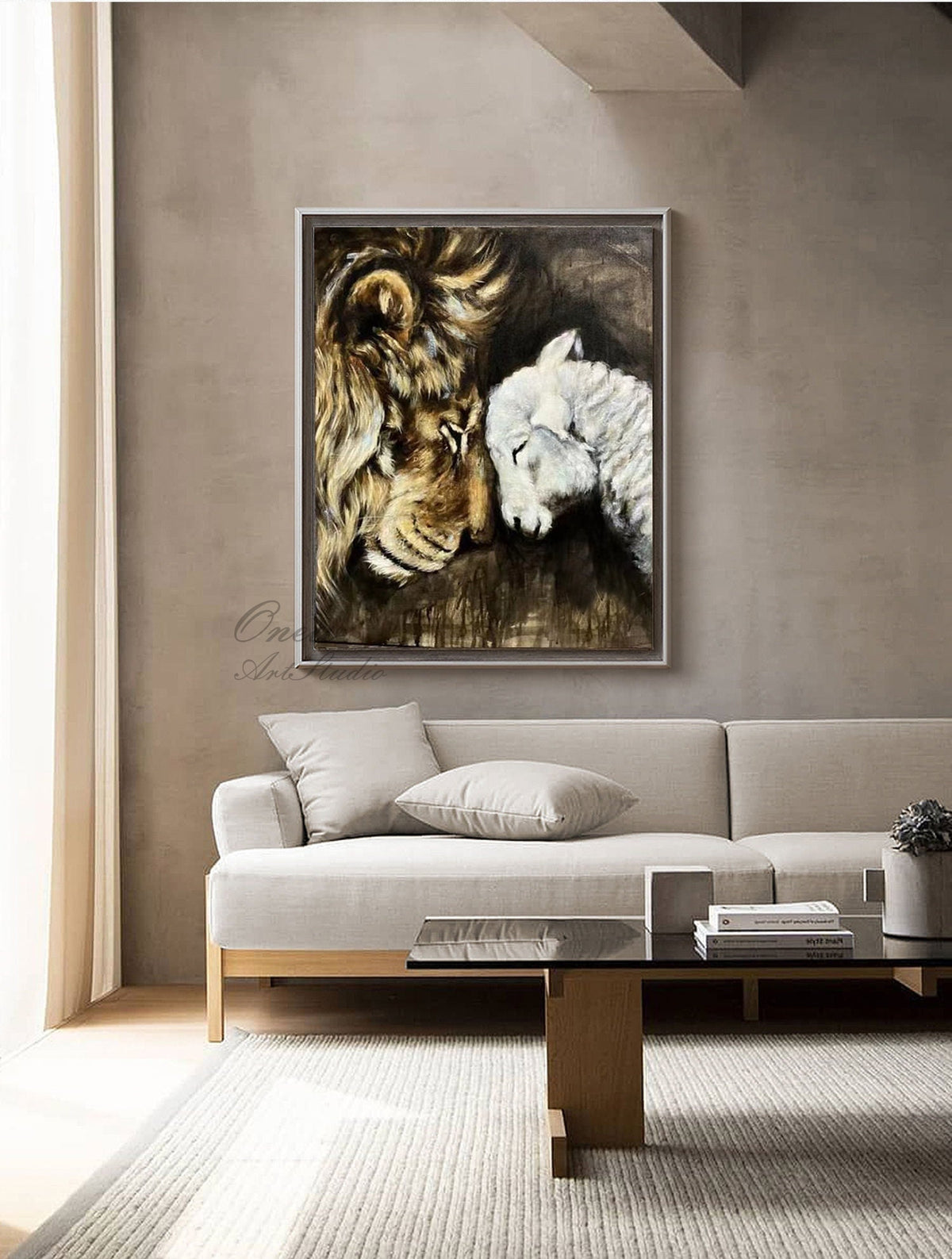 May include: A painting of a lion and a lamb resting their heads together. The lion is brown and has a mane. The lamb is white. The painting is framed in a dark wood frame.