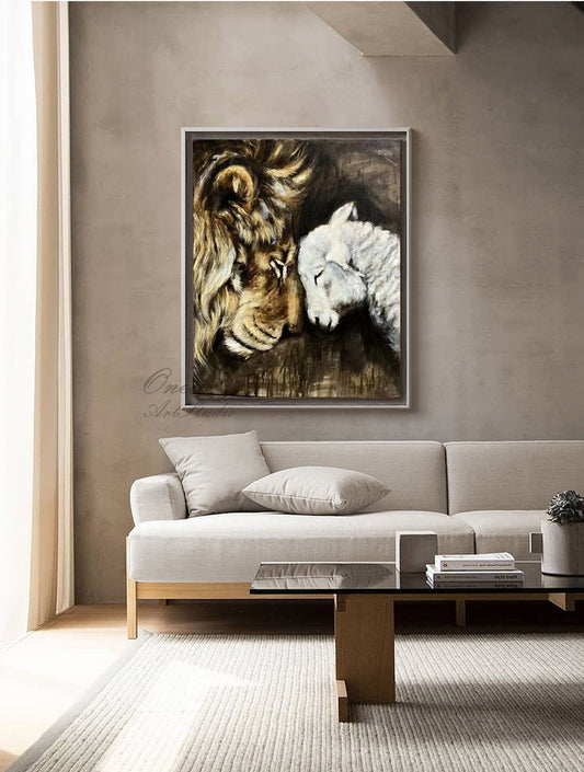 May include: A painting of a lion and a lamb resting their heads together. The lion is brown and has a mane. The lamb is white. The painting is framed in a dark wood frame.