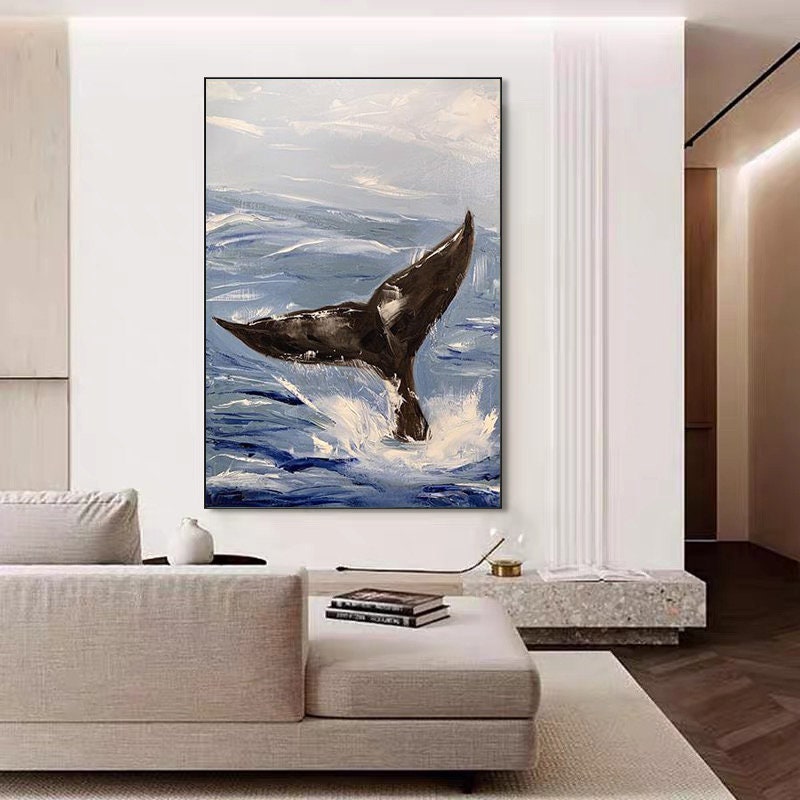 Abstract Whale tail and Sea Wave Canvas Wall Art, Original Hand-painted Ocean painting on canvas, Modern Seascape Painting for Living Room