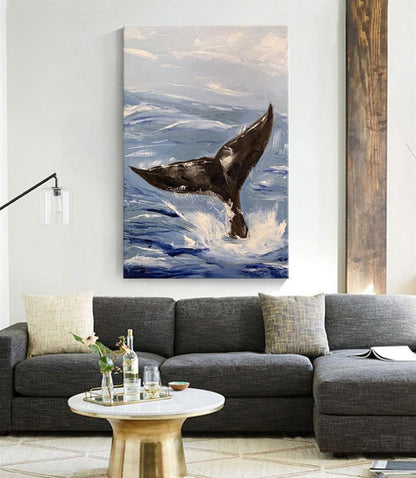 Abstract Whale tail and Sea Wave Canvas Wall Art, Original Hand-painted Ocean painting on canvas, Modern Seascape Painting for Living Room