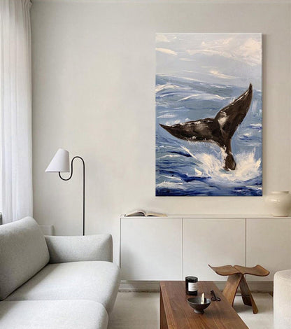 Abstract Whale tail and Sea Wave Canvas Wall Art, Original Hand-painted Ocean painting on canvas, Modern Seascape Painting for Living Room