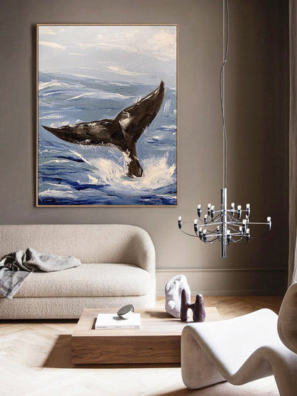 Abstract Whale tail and Sea Wave Canvas Wall Art, Original Hand-painted Ocean painting on canvas, Modern Seascape Painting for Living Room