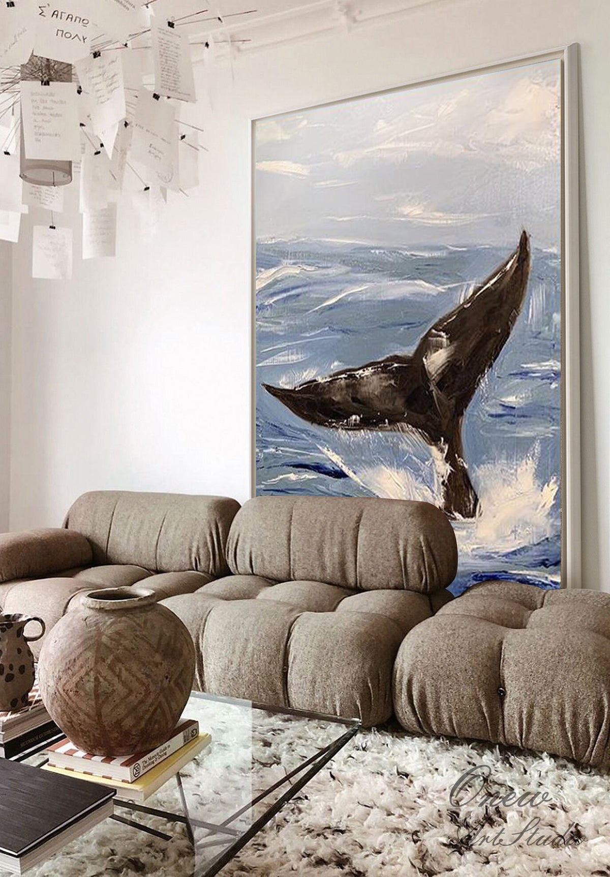 Abstract Whale tail and Sea Wave Canvas Wall Art, Original Hand-painted Ocean painting on canvas, Modern Seascape Painting for Living Room