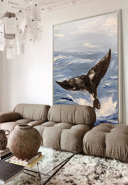 Abstract Whale tail and Sea Wave Canvas Wall Art, Original Hand-painted Ocean painting on canvas, Modern Seascape Painting for Living Room