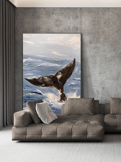 Abstract Whale tail and Sea Wave Canvas Wall Art, Original Hand-painted Ocean painting on canvas, Modern Seascape Painting for Living Room