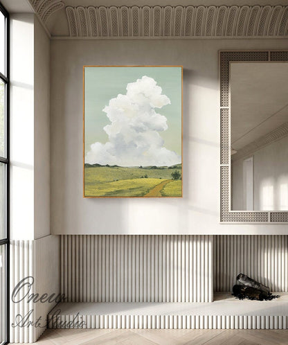 May include: A painting of a landscape with a large white cloud in the sky. The landscape is green and yellow with a dirt road leading through it.