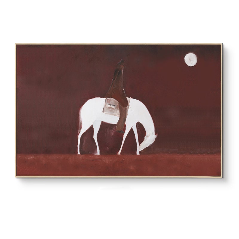 Abstract Horse Riding Oil Painting on Canvas, Original White Horse at Moonlit Night Canvas Wall Art, Modern Cowboy Wall Art for Living Room